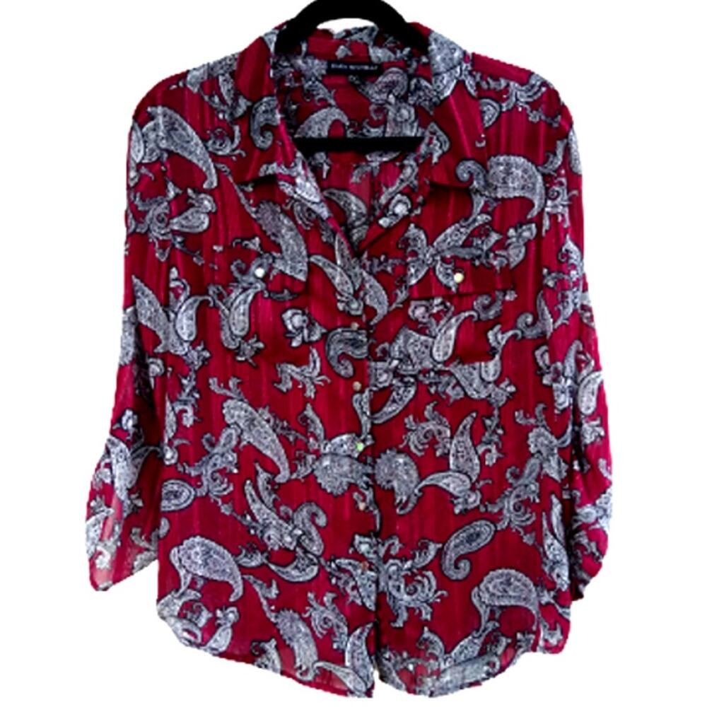 Sara Michelle Women's Button Up Blouse Size PXL Maroon Paisley 3/4 Sleeve